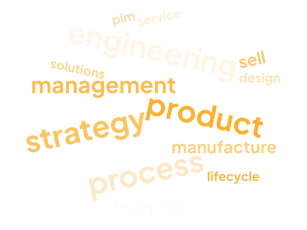 Cloud di parole: Product Lifecycle Management, strategy, workflow, data, process, service, PLM, Management, ecc.